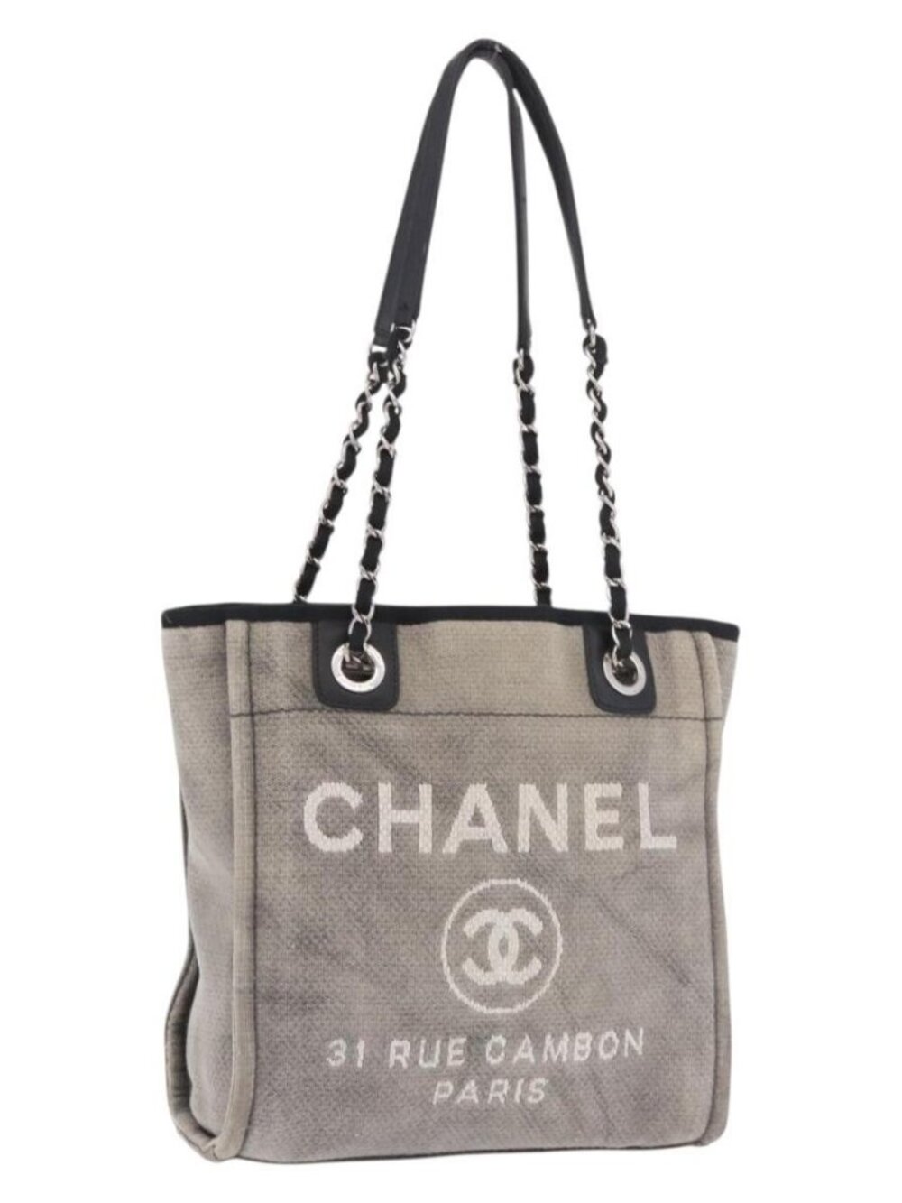 CHANEL Deauville Line Chain Tote Bag Canvas Gray Silver CC Auth bs35696